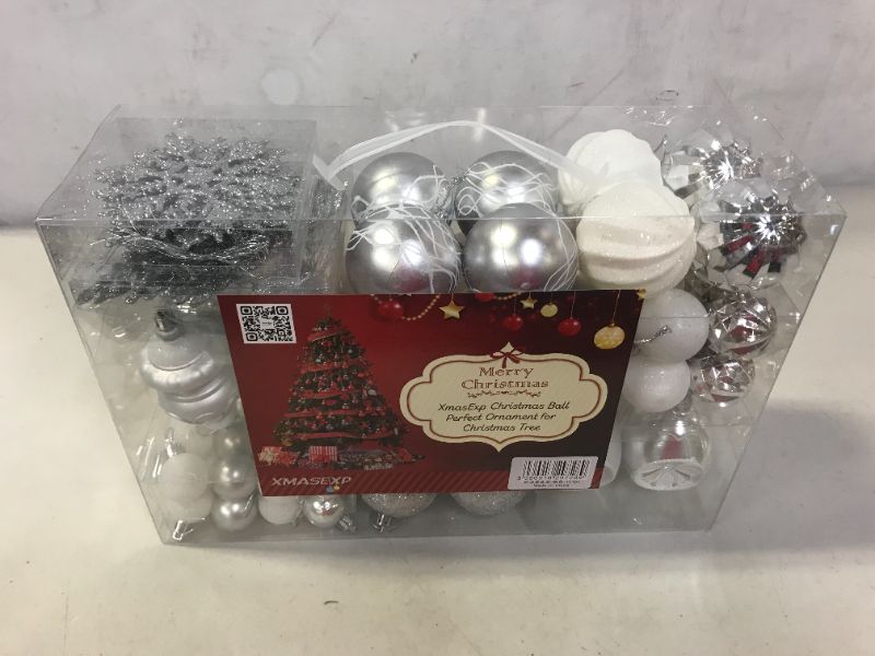Photo 2 of XmasExp 99-Pack Christmas Ball Ornaments Assorted Shatterproof Christmas Ball Set with Reusable Hand-held Gift Package for Xmas Tree Decoration (Sliver-White)
