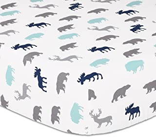Photo 1 of Woodland Trail Animal Silhouette Navy Aqua Grey Forest Theme Fitted Crib Sheet 52x28 Inch (Pack of 1)

 
