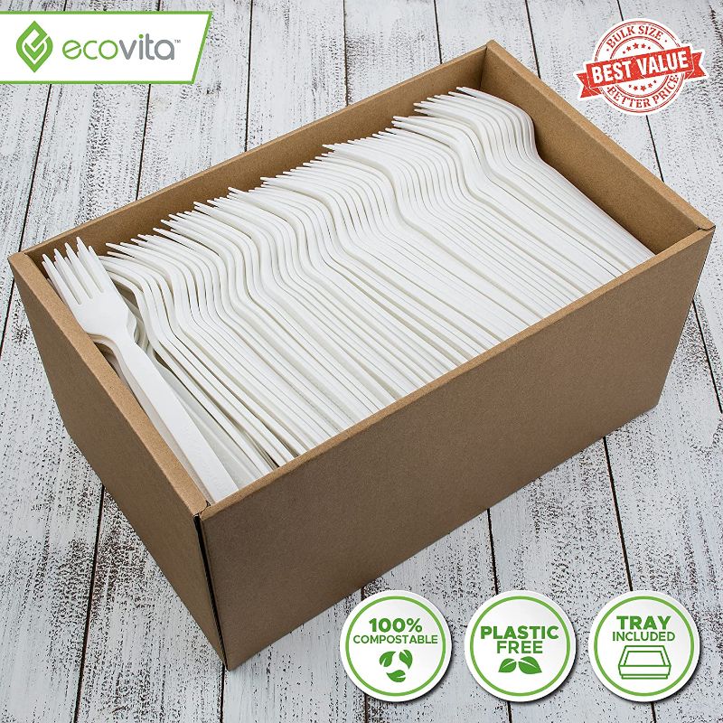 Photo 1 of 100% Compostable Forks - 500 Large Disposable Utensils (7 in.) Bulk Size Eco Friendly Durable and Heat Resistant Alternative to Plastic Forks with Convenient Tray by Ecovita
