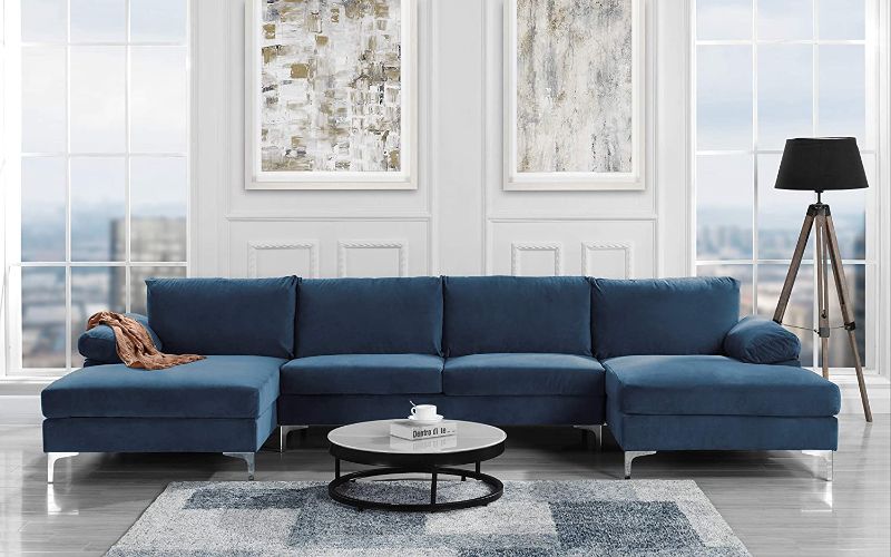 Photo 1 of BOX 2 ONLY Modern Large Velvet Fabric U-Shape Sectional Sofa, Double Extra Wide Chaise Lounge Couch (Navy) MISSING BOX 1 AND BOX 3