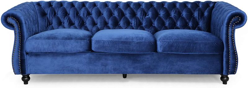 Photo 1 of Christopher Knight Home Vita Tufted Microfiber Sofa with Scroll Arms, Navy Blue