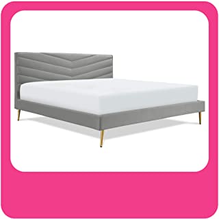 Photo 1 of Adore Decor Sidney Upholstered Platform Bed, Plush Tufted Velvet Headboard with Chevron Stitching, Mid Century Modern Design, Gold Slanted Legs, King Size, Gray  BOX 1 ONLY. HEADBOARD ONLY. MISSING BOX 2. REST OF BED
