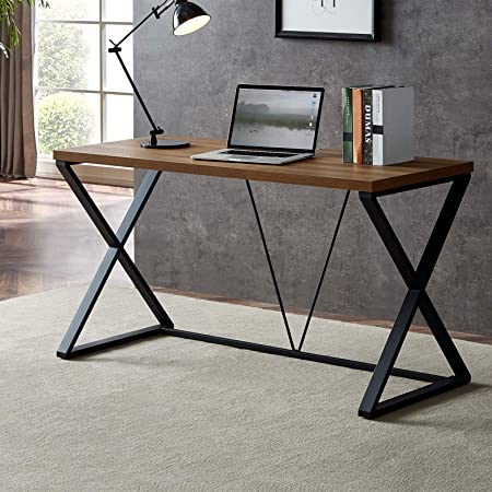 Photo 1 of DYH Computer Desk, Rustic Wood and Metal X Writing Desk, Wood Table for Home Office, 55 inch
