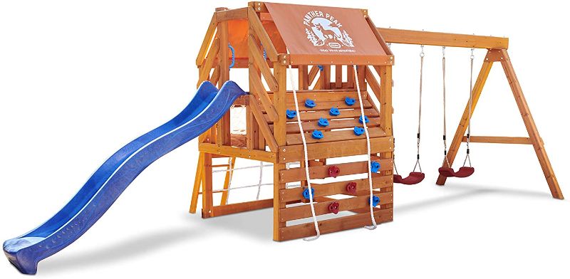 Photo 1 of Real Wood Adventures Panther Peak Outdoor Backyard Playset with Swing Set, Slide and Climber for Kids by Little Tikes BOX 2 AND BOX 3.. MISSING BOX 1. PARTS POSSIBLY MISSING FROM BOX 3 AS IT WAS DAMAGED AND OPEN DURING SHIPPING. FUNCTIONAL PARTS. NON FUNT