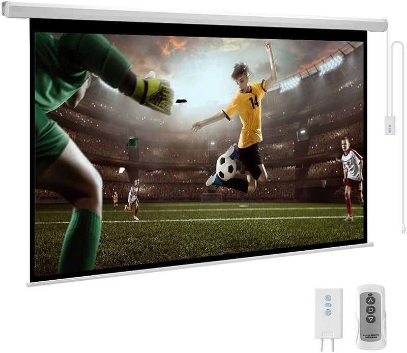 Photo 1 of YODOLLA 100inch Motorized Projection Screen, 16:9 4K 3D HD Electric Projector Screen, Wall/Ceiling Mounted White Projection Screen with Two Remote Controls for Indoor & Outdoor Use
