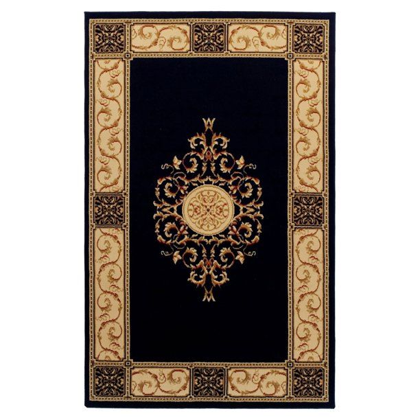 Photo 1 of Classic Elegant Floral Medallion Power-Loomed Indoor Area Rug, Midnight Blue, 6' x 9'
