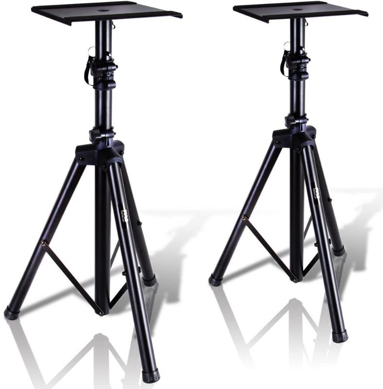 Photo 1 of Pyle Dual Studio Monitor 2 Speaker Stand Mount Kit - Heavy Duty Tripod Pair and Adjustable Height from 34.0” to 53.0” w/ Metal Platform Base - Easy Mobility Safety PIN for Structural Stability PSTND32
