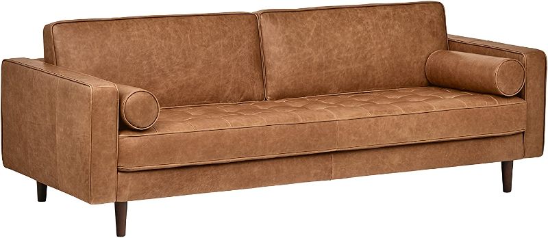 Photo 1 of Amazon Brand – Rivet Aiden Mid-Century Modern Sofa Couch (86.6"W) - Cognac Leather
