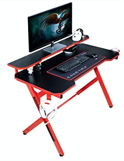 Photo 1 of JJS 48" Home Office Gaming Computer Desk with Removable Monitor Stand, R Shaped Large Gamer Workstation PC Table with Cup Holder Headphone Hook Speaker Storage Free Mouse pad, Red
