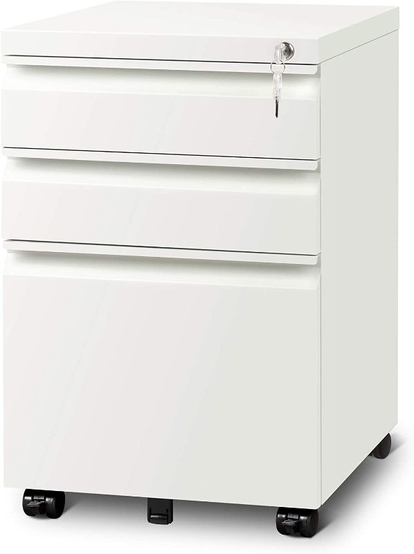 Photo 1 of Devaise 3 Drawer Mobile File Cabinet with Lock, Fully Assembled Except Casters, Letter and Legal Size, White
