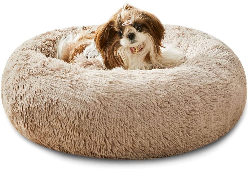 Photo 1 of  Faux Fur Dog Bed & Cat Bed, Original Calming Dog Bed for Small Medium Pet, Anti Anxiety Donut Cuddler Round Warm Bed for Dogs with Fluffy Comfy Plush Kennel Cushion