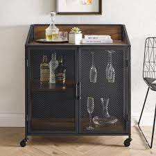 Photo 1 of 33 in. Dark Walnut Industrial Bar Cabinet with Mesh
