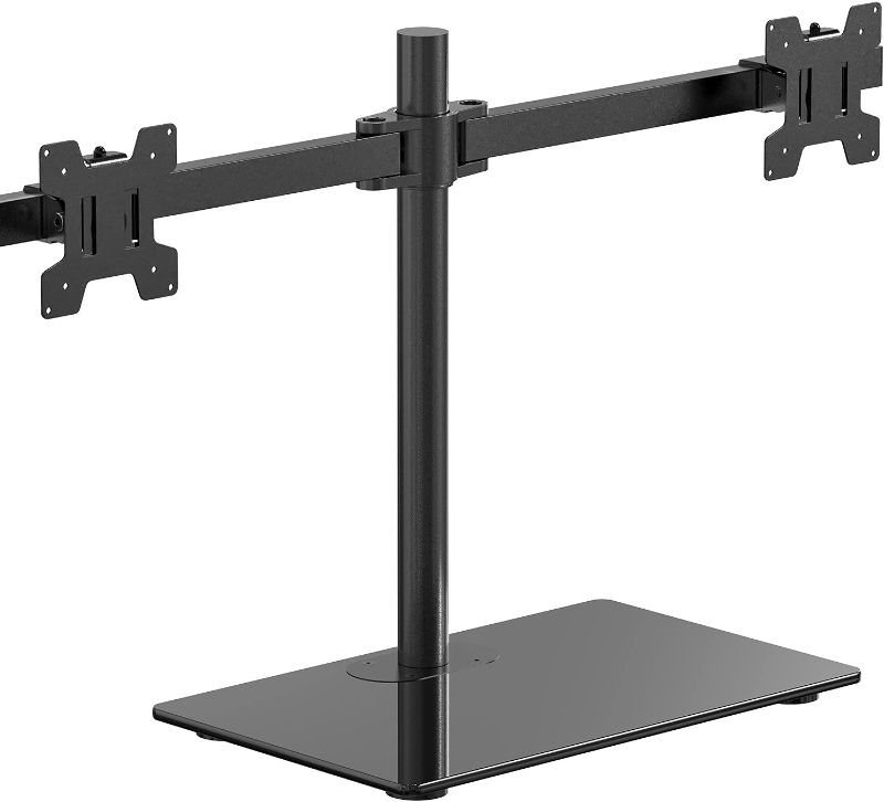 Photo 1 of Free Standing Dual Monitor Stand, Height Adjustable Monitor Mount with Glass Base, Fits  LCD LED Flat Curved Screen up to 27 inch, 22lbs, with Grommet Base (GMF002) by WALI
