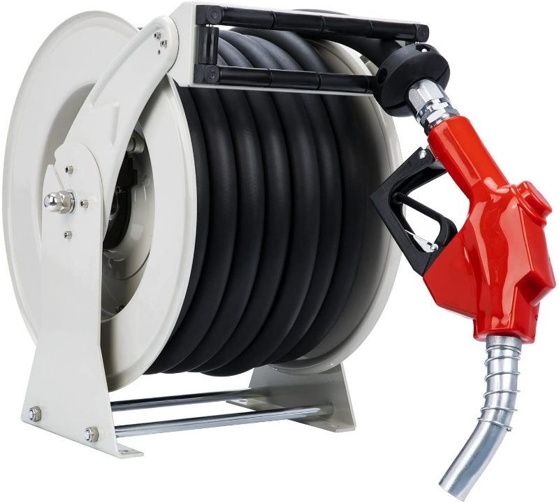 Photo 1 of Diesel Fuel Hose Reel Retractable 1" x 50' Spring Driven Auto Swivel Rewind Industrial Heavy Duty Commercial Hose Holder Reel with Fueling Nozzle for Aircraft Ship Vehicle Tank Truck, 300 PSI
