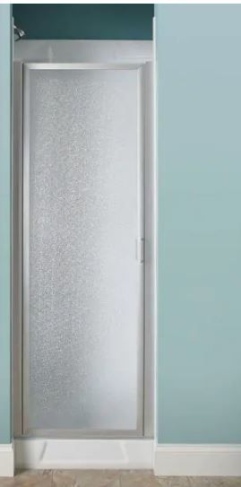 Photo 1 of 24 in. x 64 in. Framed Pivot Shower Door Kit in Silver with Pebbled Glass
