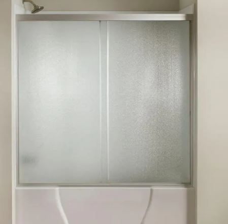 Photo 1 of 60 in. x 56-3/8 in. Framed Sliding Bathtub Door Kit in Silver with Pebbled Glass
