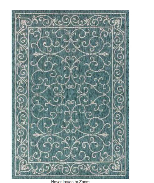 Photo 1 of Charleston Vintage Filigree Textured Weave Indoor/Outdoor Teal/Gray 5 ft. x 5 ft. Area Rug
