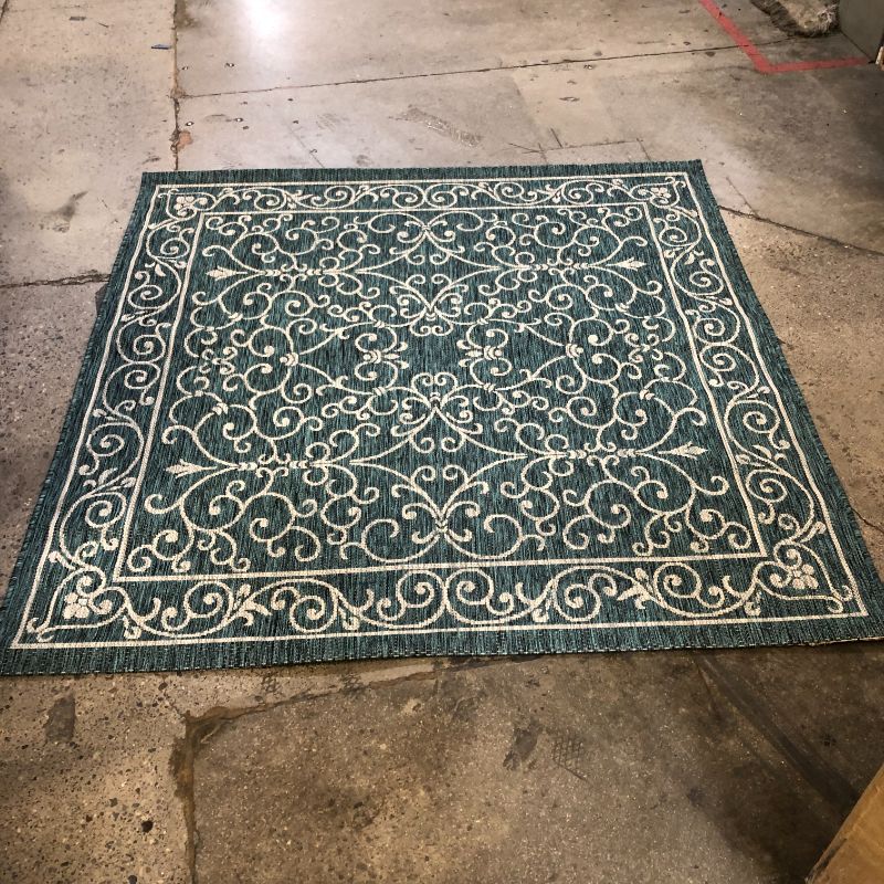 Photo 2 of Charleston Vintage Filigree Textured Weave Indoor/Outdoor Teal/Gray 5 ft. x 8 ft. Area Rug
