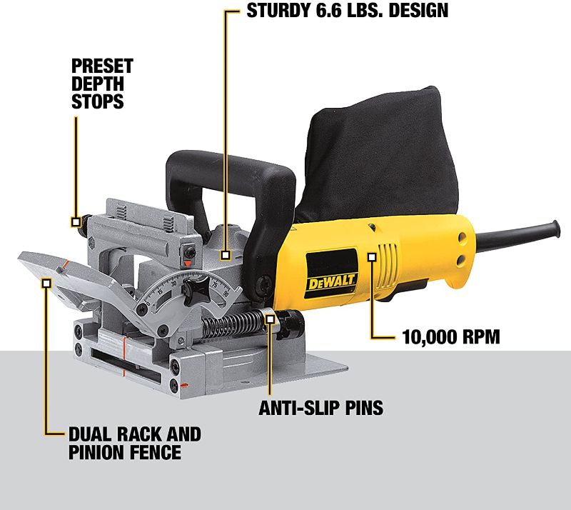 Photo 1 of DEWALT DW682K 6.5 Amp Plate Joiner with DEWALT DW6805 4-Inch 6 Tooth Carbide Plate Joiner Blade
