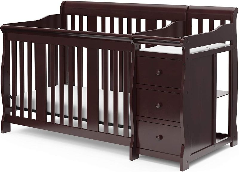 Photo 1 of Storkcraft Portofino 4-in-1 Fixed Side Convertible Crib and Changer, Espresso, Easily Converts to Toddler Bed Day Bed or Full Bed, Three Position Adjustable Height Mattress (Mattress Not Included)
