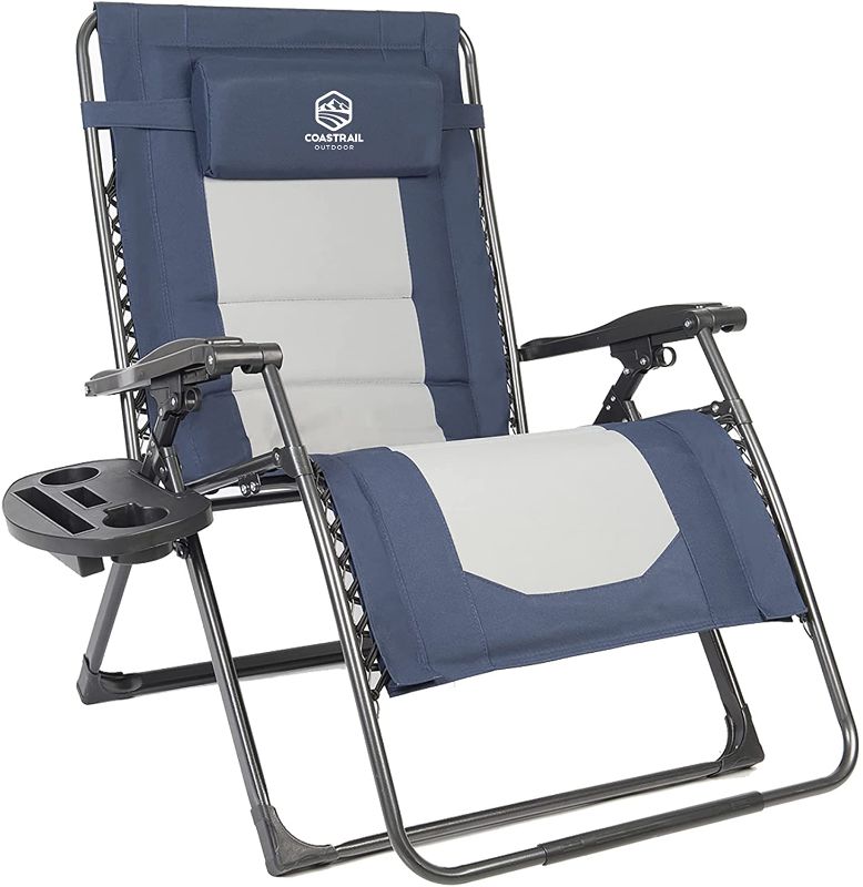 Photo 1 of Coastrail Outdoor Zero Gravity Extra Large Armrest XXL Camping Lounge Patio Support 500lbs Padded Reclining Folding Lawn Chair with Side Table, Blue/Gray
