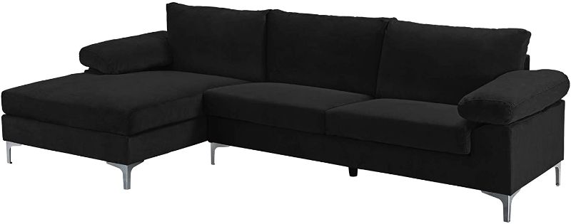 Photo 1 of Casa Andrea Milano llc Modern Large Velvet Fabric Sectional Sofa, L-Shape Couch with Extra Wide Chaise Lounge, Coal Black/GOLD LEGS ------BOX 2 OF 2 
