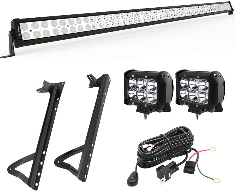 Photo 1 of YITAMOTOR 52 Inch LED Light Bar + 2X 18W 4 Inch Spot Fog Light Pods+ Mounting Bracket with Wiring Harness for 07-18 Jeep Wrangler JK
