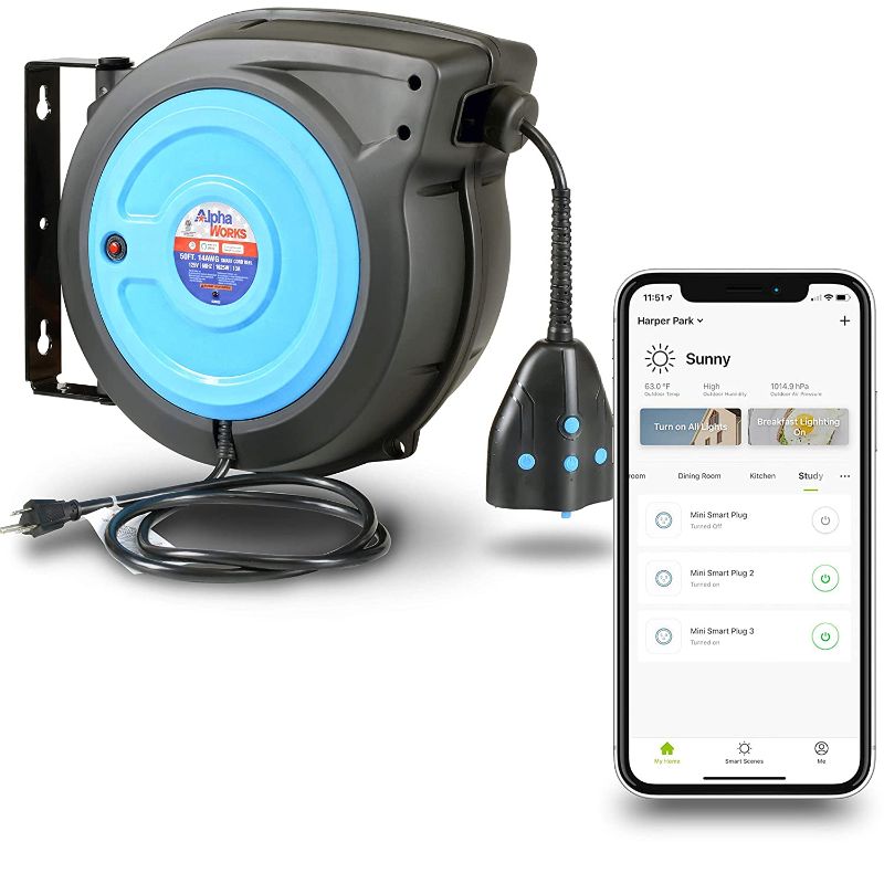 Photo 1 of AlphaWorks Cord Reel Extension Alexa Smart Plug 14AWG x 50' Feet (2) IP64 Waterproof Wireless Remote Control Timer Rated at 13A 1625W & Advanced Slow Retraction Technology (SRT) [Patent Pending]
