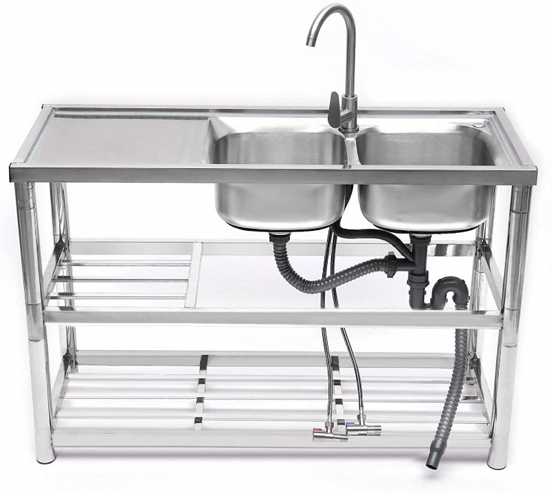 Photo 1 of Commercial Restaurant Sink - Stainless Steel Utility Sink Free-standing Kitchen Sink Set Double Bowl Kitchen Sinks Commercial Pull Faucet Kitchen Sink & Faucet Combo with Strainer , 47Inch Rectangular
