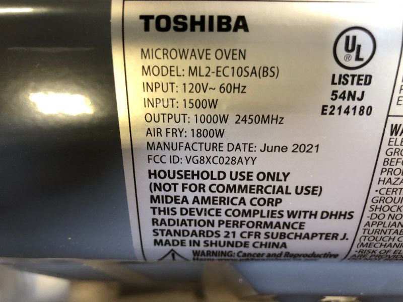 Photo 5 of Toshiba ML2-EC10SA(BS) Multifunctional Microwave Oven with Healthy Air Fry, Convection Cooking, Position Memory Turntable, Easy-clean Interior and ECO Mode, 1.0 Cu.ft, Black stainless steel
(( OPEN BOX ))
** MISSING ACCESSORIES **