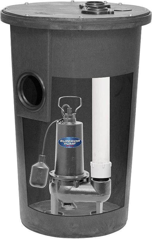 Photo 1 of Superior Pump 93015-U Cast Iron Tethered Float Switch Sewage Pump with Basin Kit, 1/2 HP, Black
