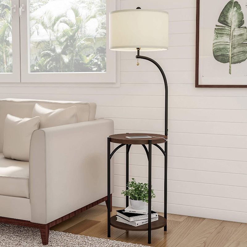 Photo 1 of Floor Lamp End Table- Modern Rustic Side Table with Drum Shaped Shade, LED Light Bulb Included, USB Charging Port and Storage Shelf by Lavish Home
