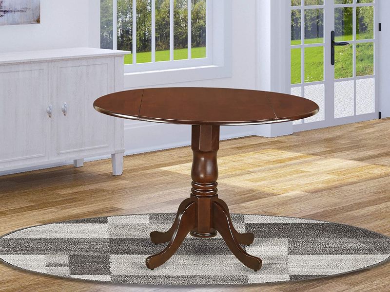 Photo 1 of East West Furniture DLT-MAH-TP Dublin Table-Mahogany Table Top Surface and Mahogany Finish Pedestal Legs Hardwood Frame Modern Dining Table with wooden seats 3 box set 

