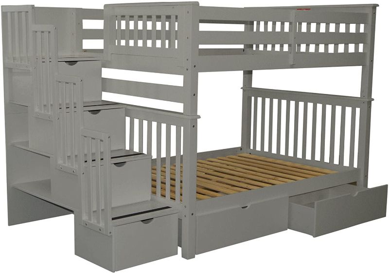 Photo 1 of Bedz King Stairway Bunk Beds Full over Full with 4 Drawers in the Steps and 2 Under Bed Drawers, Gray 3 boxes 
