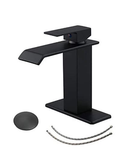 Photo 1 of BWE Bathroom Faucet Matte Black Modern Waterfall with Pop Up Drain for Sink 1 Single Hole Bathroom Sink Faucet Parts Spout Bath Lavatory Vanity Stopper Overflow and Supply Hose Single Handle Square
