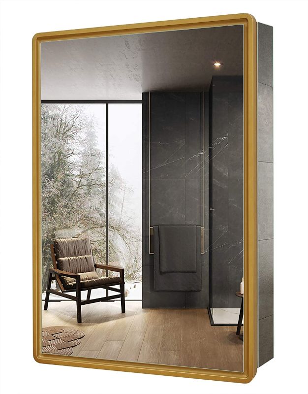 Photo 1 of 30x22 inch Bathroom Mirror Cabinet Gold Wood Framed Wall Aluminum Alloy Waterproof Medicine Cabinet Northern Europe Storage Hanging Cabinet with Single Door for Toilet Kitchen Recess or Surface Mount
