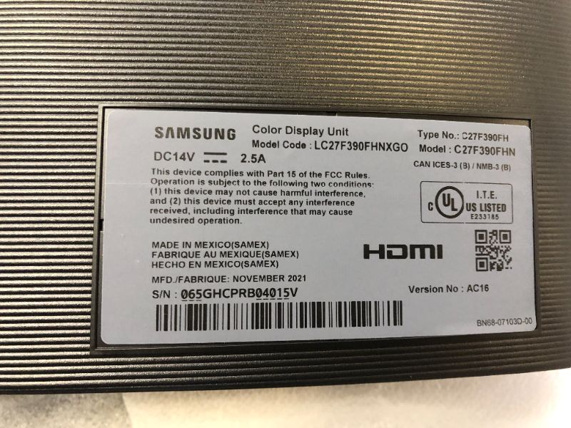 Photo 1 of Samsung C27F390 27" Curved Screen LED LCD Business Monitor - 1920 x 1080 FHD Display - Vertical Alignment (VA) Panel - 1800R Ultra-curved screen