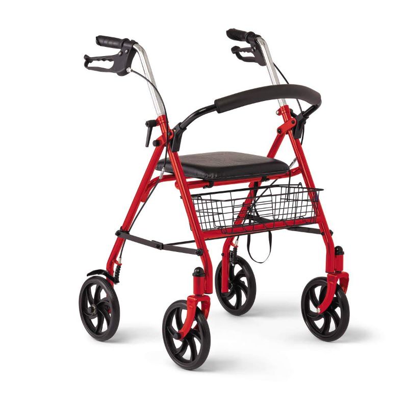 Photo 1 of Medline Steel Rollator Walker with 8 Inch Wheels, Folding Rolling Walker, Adjustable Arms, Supports 300 lbs, Red
