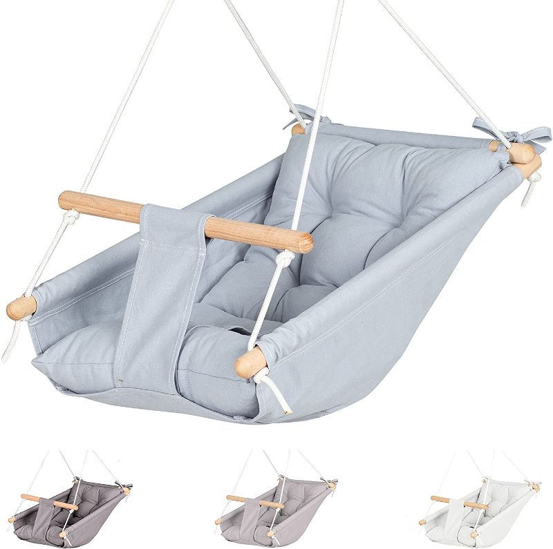 Photo 1 of Canvas Baby Swing Hammock by Cateam - Gray - Wooden Hanging Swing Seat Chair for Baby with 5-Point Safety Belt and mounting Hardware. Baby Hammock Chair Birthday Gift.
