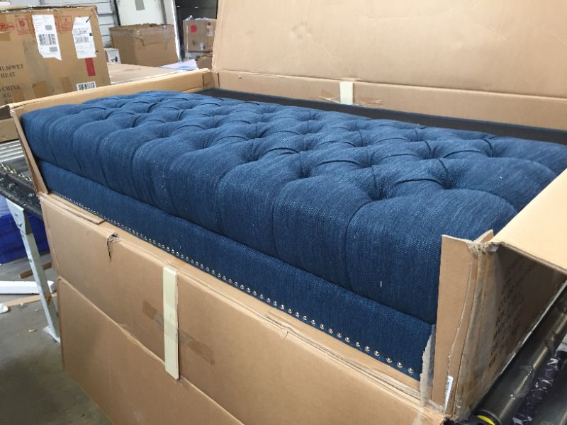 Photo 3 of Christopher Knight Home Nathan Chesterfield Button Tufted Fabric 3 Seater Sofa, Navy Blue, Dark Brown
