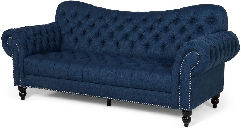 Photo 1 of Christopher Knight Home Nathan Chesterfield Button Tufted Fabric 3 Seater Sofa, Navy Blue, Dark Brown
