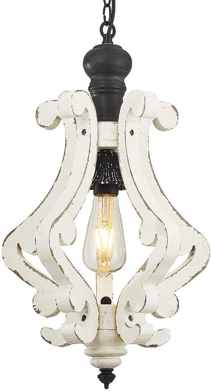 Photo 1 of 1-Light Farmhouse Wood Chandeliers Rustic Distressed White Pendant Light Fixture,Industrial Hanging Light for Dining Room Living Room Bedroom Kitchen Island Foyer Hallway Front Door(White, 1-Light)
