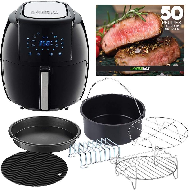 Photo 1 of GoWISE USA GWAC22003 5.8-Quart Air Fryer with Accessories, 6 Pcs, and 8 Cooking Presets + 50 Recipes (Black), Qt
