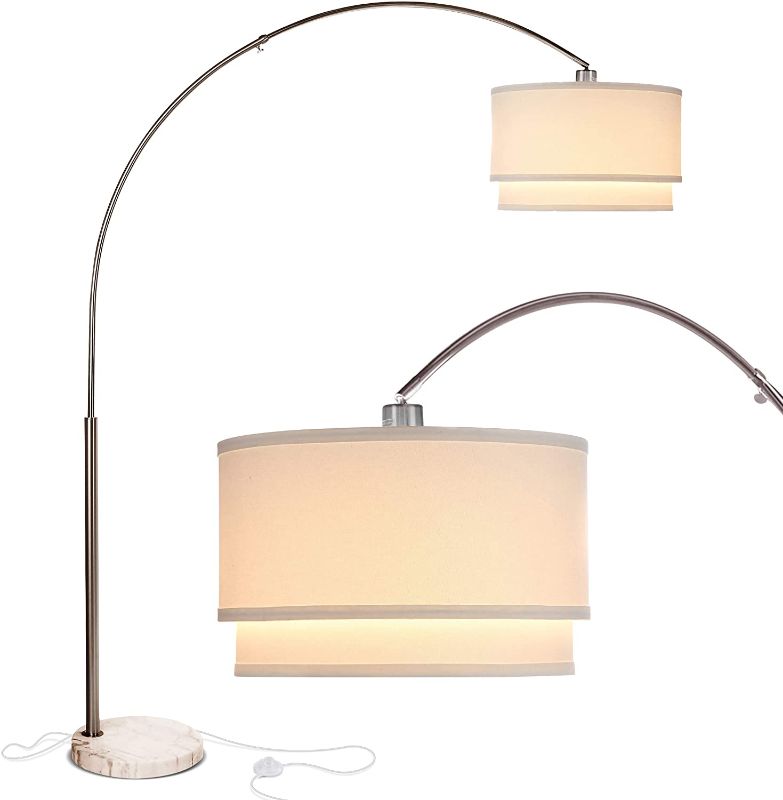 Photo 1 of Brightech Mason - Arc Floor Lamp with Unique Hanging Drum Shade for Living Room Matches Your Decor - Arching Over The Couch from Behind, This Standing Pole Light Gets Compliments - Nickel
