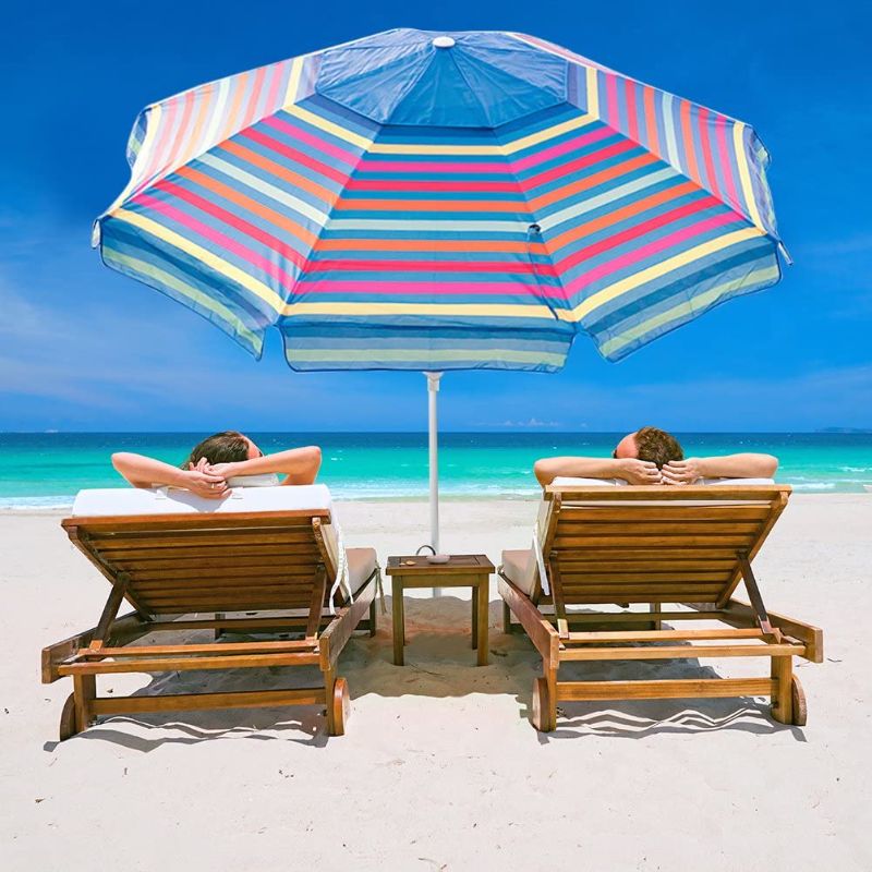 Photo 1 of Abba Patio 7ft Beach Umbrella with Sand Anchor, Push Button Tilt and Carry Bag, UV 50+ Protection Windproof Portable Patio Umbrella for Garden Beach Outdoor, Multicolor
