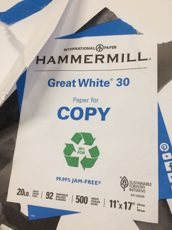 Photo 2 of Hammermill Great White 30% Recycled 11" x 17" Copy Paper, 20 lbs., 92 Brightness, 500/Ream (86750)