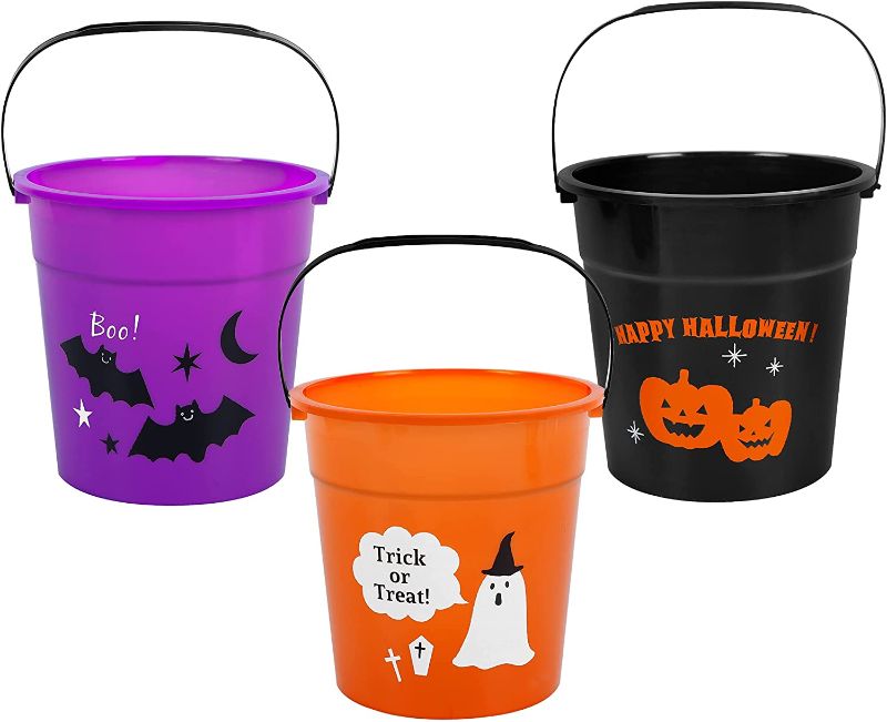 Photo 1 of Triumpeek Halloween Candy Baskets, 3 Pack Halloween Trick or Treat Bucket Printed with Jack-O-Lantern, Bat and Ghost, Orang Purple Black Portable Plastic Candy Pails Set for Halloween Party Supplies, 6" X 6"
