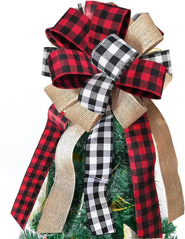 Photo 1 of Christmas Checked Tree Topper,Buffalo Plaid Red Black Burlap Decorative Bow ,30x13 Inches Large Toppers Bow,Rustic Farmhouse Xmas Decorations Home Decor
