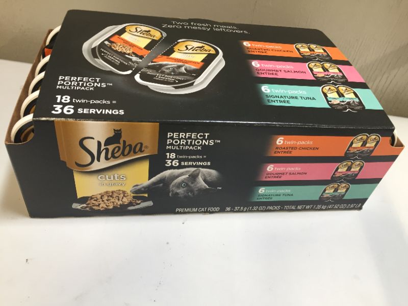 Photo 2 of exp 01-2022  Sheba Perfect Portions Cuts In Gravy Chicken, Salmon  Tuna Entre Premium Wet Cat Food - 2.6oz/18ct Variety Pack