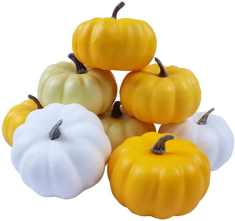 Photo 1 of 4 Inch Small Assorted Plastic Pumpkins for Decorating - 8PCS Artificial Orange and White Pumpkins Bulk for Fall Decor, Foam Fake Pumpkin Perfect for Halloween Thanksgiving Decoration Fall Decor
